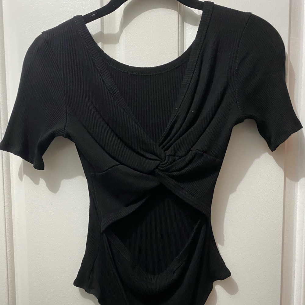 Lulus Black Ribbed Bodysuit w/ Open Cross-Tie Back. Very flattering & slimming!